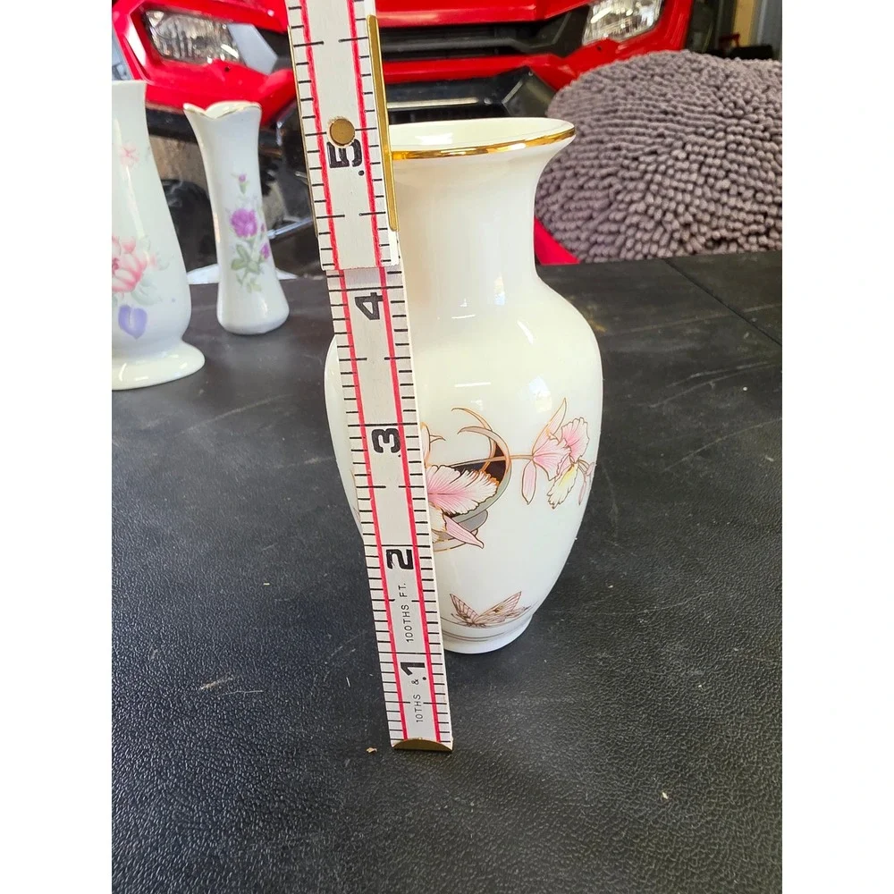 Vintage Fine China Japan Bud Vase Pink Orchid Butterfly Gold Trim Porcelain 5